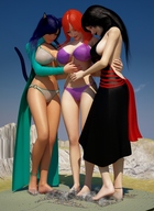 giantess giga tail black_hair large_breasts swimsuit destruction barefoot cleavage blue_hair cat_ears red_hair foot_crush looking_down giantesses cat_girl giga_sakura neko_witch_tiffany kitten_lily tiny_mk digital_render