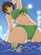 drawing gentle giantess blushing color swimsuit water ocean anime brunette brown_eyes unknown_artist navel belly looking_down open_mouth thighs point_of_view source_needed looking_at_tiny