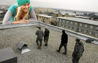 collage blonde smiling soldiers military_base rooftop green_hat dog_tag looking_at_tiny