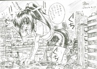 drawing female crush city monochrome destruction traffic anime hand legs uniform skyscraper women vehicles crowds