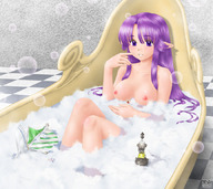 breasts drawing gentle nude color bath water anime purple_hair purple_eyes smiling elf shrunken_men eichikei ships