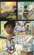 drawing giantess comic color brunette shorts shrunken_woman dark_skin chair doll_house towel doom_patrol earrings top dc_comics bare_legs bathrobe elasti-girl bare_midriff bumblebee rita_farr