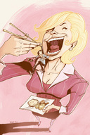 drawing vore blonde high_heels anime dress shrunken_man chopsticks sushi business_suit