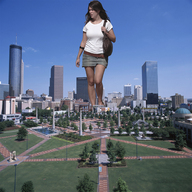 giantess collage city black_hair shorts sky sunny bag white_top