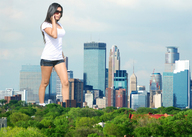 collage city mega black_hair legs shorts sunglasses sunny trees white_top