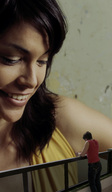 gentle giantess collage black_hair jeans smiling short_hair face balcony