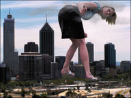 giantess collage city mega blonde clothed leg sandals bending_over short_skirt