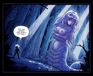 breasts drawing giantess karbo pussy blushing color anime felarya shrunken_men forest outdoors snake_girl trees vivian_(felarya)