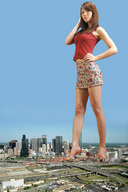giantess collage city mega destruction high_heels brunette asian unknown_artist sandals hand legs short_skirt looking_at_viewer red_top