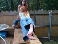 feet multiple_giantesses jeans red_hair worship shrunken_people thrown falling deck