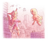 breasts drawing giantess karbo tail city swimsuit destruction anime kemo military irina shrunken_men giantesses cat_girl snake_girl crisis_(felarya)