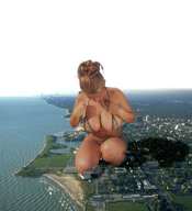 giantess collage mega large_breasts swimsuit destruction cleavage kneeling looking_down suburbs leopard_print