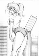 giantess city monochrome ponytail pencil_drawing nog