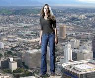 giantess collage city blonde clothed barefoot jeans looking_at_viewer