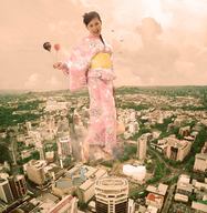 giantess collage city mega destruction helicopter asian kimono hot_air_balloon looking_at_viewer source_needed