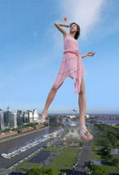 giantess collage feet city destruction clothed helicopter brunette asian sandals foot_crush sky pink_dress hot_air_balloon
