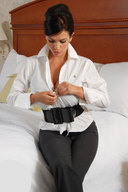 giantess cleavage brunette shrunken_men sitting business_woman bedroom white_blouse