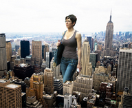 giantess collage city black_hair glasses jeans short_hair new_york_city empire_state_building