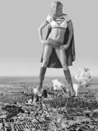 breasts female giantess collage panties city mega monochrome destruction skirt boots supergirl fire cape top super_heroine hands_on_hips dc_comics bare_legs bare_midriff