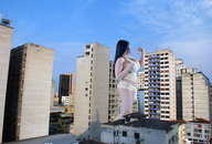 giantess collage city huge_breasts lingerie mallow between_fingers daphne_rosen looking_at_tiny