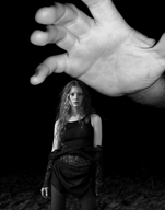 collage monochrome hand shrunken_woman grabbing