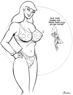 breasts drawing female giantess mega comic monochrome cleavage giganta gloves boots thighs cape top belt leotard dialogue hands_on_hips power_girl joe_gravel leopard_print dc_comics loincloth bare_legs bare_midriff