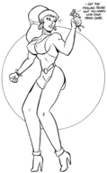 breasts female giantess mega comic monochrome handheld cleavage high_heels angry cheetah giganta ponytail dress boots women thighs earrings belt joe_gravel dc_comics bare_legs