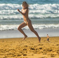 collage blonde swimsuit beach barefoot shrunken_men running sand athletic looking_back