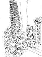drawing giantess city monochrome traffic helicopter anime legs running_away