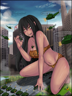 drawing giantess city black_hair color barefoot helicopter tank nekochank yellow_eyes