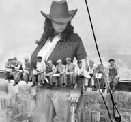 collage city monochrome huge_breasts cowgirl_giantess high_steel_workers