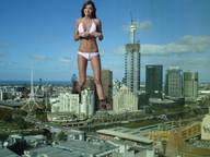 bikini giantess collage city mega swimsuit destruction brunette smiling walking unaware miranda_kerr looking_at_tiny