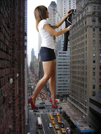 giantess collage city mega high_heels traffic brunette legs bus tie short_skirt white_shirt vogelfd