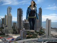 giantess collage city clothed brunette skyscraper sky sunny jacket