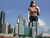 giantess city black_hair clothed smiling sunglasses sky sunny bag chuckwagon