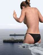 breasts giantess mega butt swimsuit water ocean topless ponytail pjohn21 aircraft_carrier splashing damage hair_bun