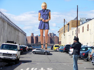 giantess collage city blonde high_heels wonderslug dress men short vehicles clouds sky sunny