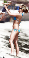 collage blonde swimsuit beach smiling ponytail shrunken_woman sunglasses tecks holding sunny