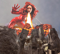 breasts giantess collage city mega destruction rampage cleavage gloves wonderslug red_hair fire latex bianca_beauchamp zipper