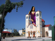 giantess collage black_hair large_breasts cleavage mallow sky sunny purple_dress chruch wendy_fiore