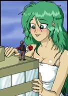 breasts drawing gentle giantess color anime green_hair skyscraper romantic