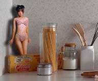 collage black_hair underwear asian kitchen shrunken_woman looking_at_viewer jars
