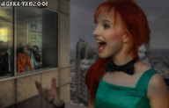 giantess collage city red_hair window tie people asukafan hayley_williams grey_clouds green_top