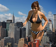 collage city mega large_breasts swimsuit cleavage brunette sunglasses clouds sky sunny