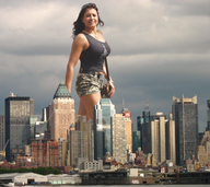 collage city mega black_hair shorts walking bag black_top grey_clouds