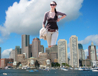collage city mega black_hair clothed water ponytail sunglasses boats clouds sky