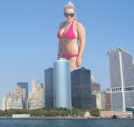 giantess collage city mega blonde swimsuit sunglasses sky sunny navel_ring
