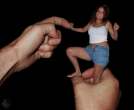 collage scared hand shorts shrunken_woman captured swattr white_top