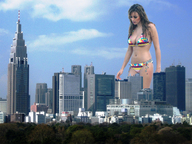 giantess collage city mega swimsuit brunette clouds sky trees