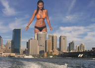 collage city mega swimsuit water brunette low_angle skyscrapers clouds sky wet_hair